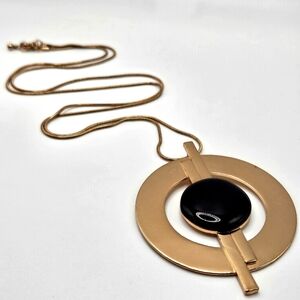 VINTAGE Abstract Gold Tone Black Circle Large Statement Pendant Necklace MCM